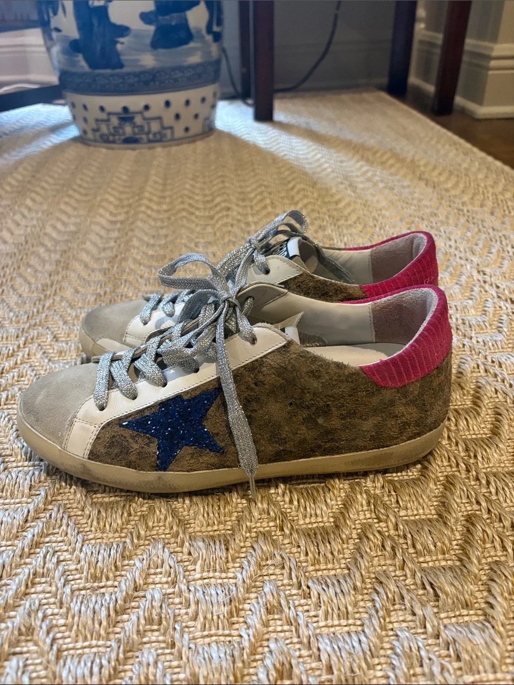 Golden Goose Leopard Print Sneakers with Blue Star Accent